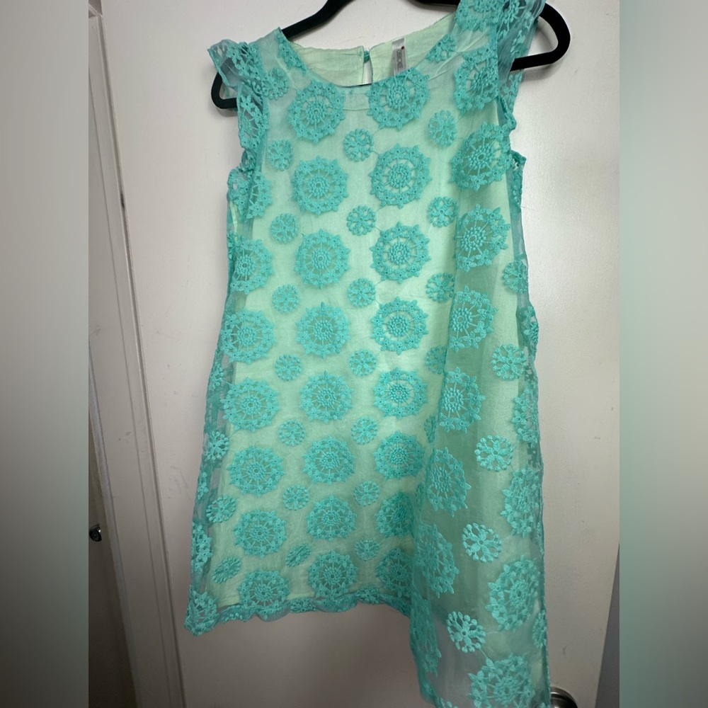 Cherokee Greenish/Teal Cotton Blend Ruffle Sleeves Embroidered Overlay‎ Dress XL